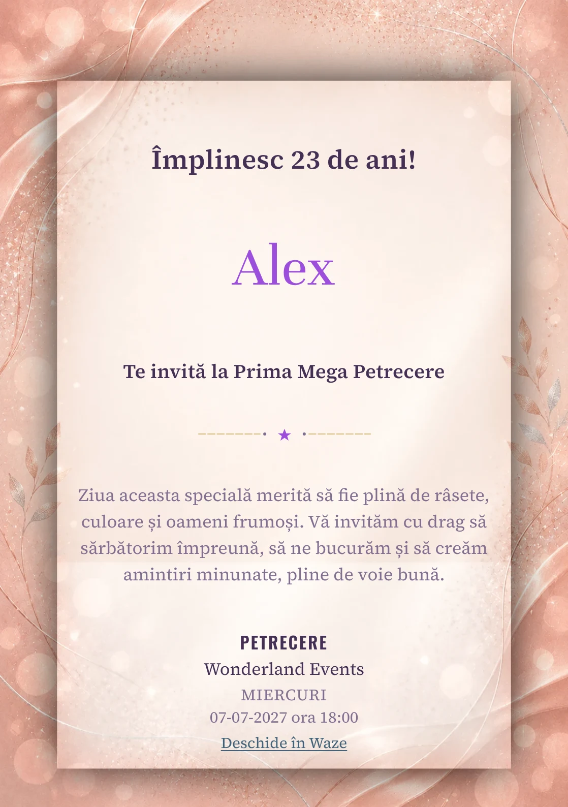 Invitație digitală aniversară Rose Gold, fundal premium cu textură satinată, bokeh și sclipiri rose-gold