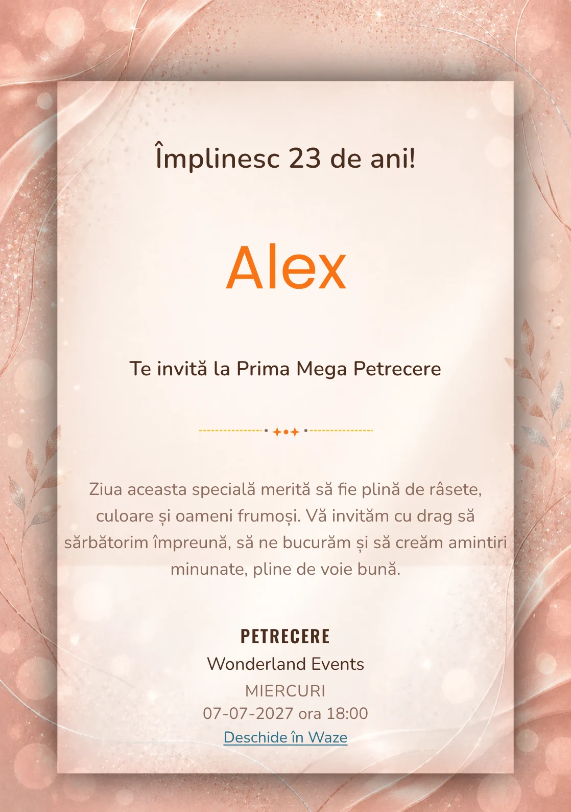 Invitație digitală aniversară Rose Gold, fundal premium cu textură satinată, bokeh și sclipiri rose-gold