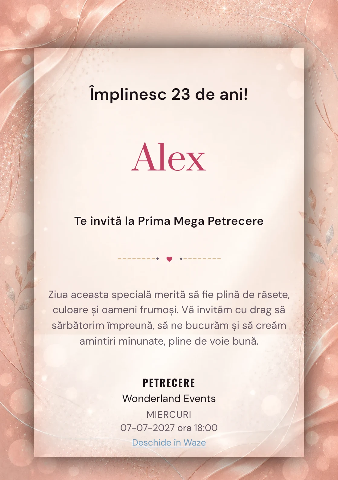 Invitație digitală aniversară Rose Gold, fundal premium cu textură satinată, bokeh și sclipiri rose-gold