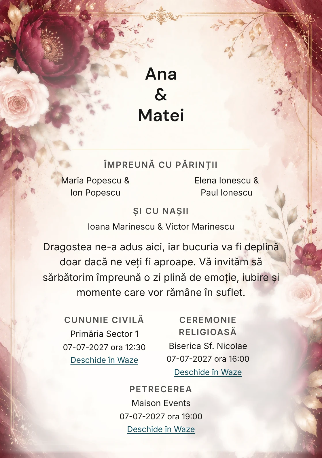 Invitație digitală de nuntă Ruby Bloom, fundal ruby bloom, potrivit pentru pachetele Basic și Premium