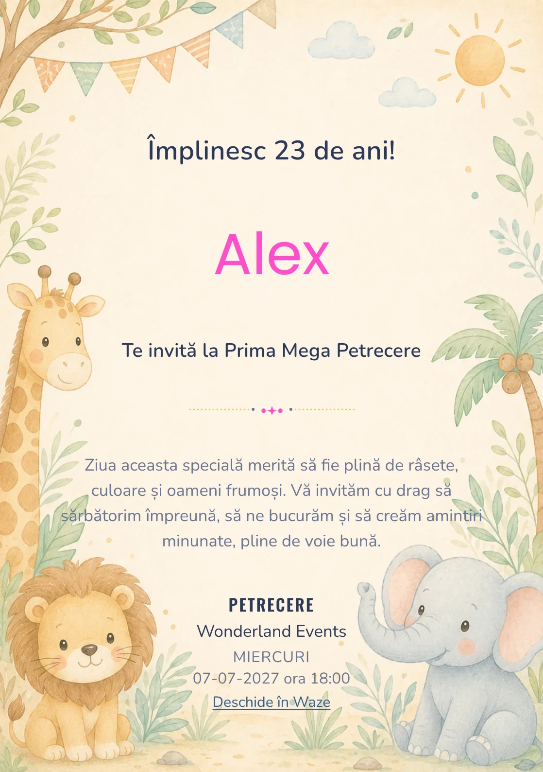 Invitație digitală de zi de naștere Safari Junior, fundal pastel cu girafă, leu, elefant și vegetație safari