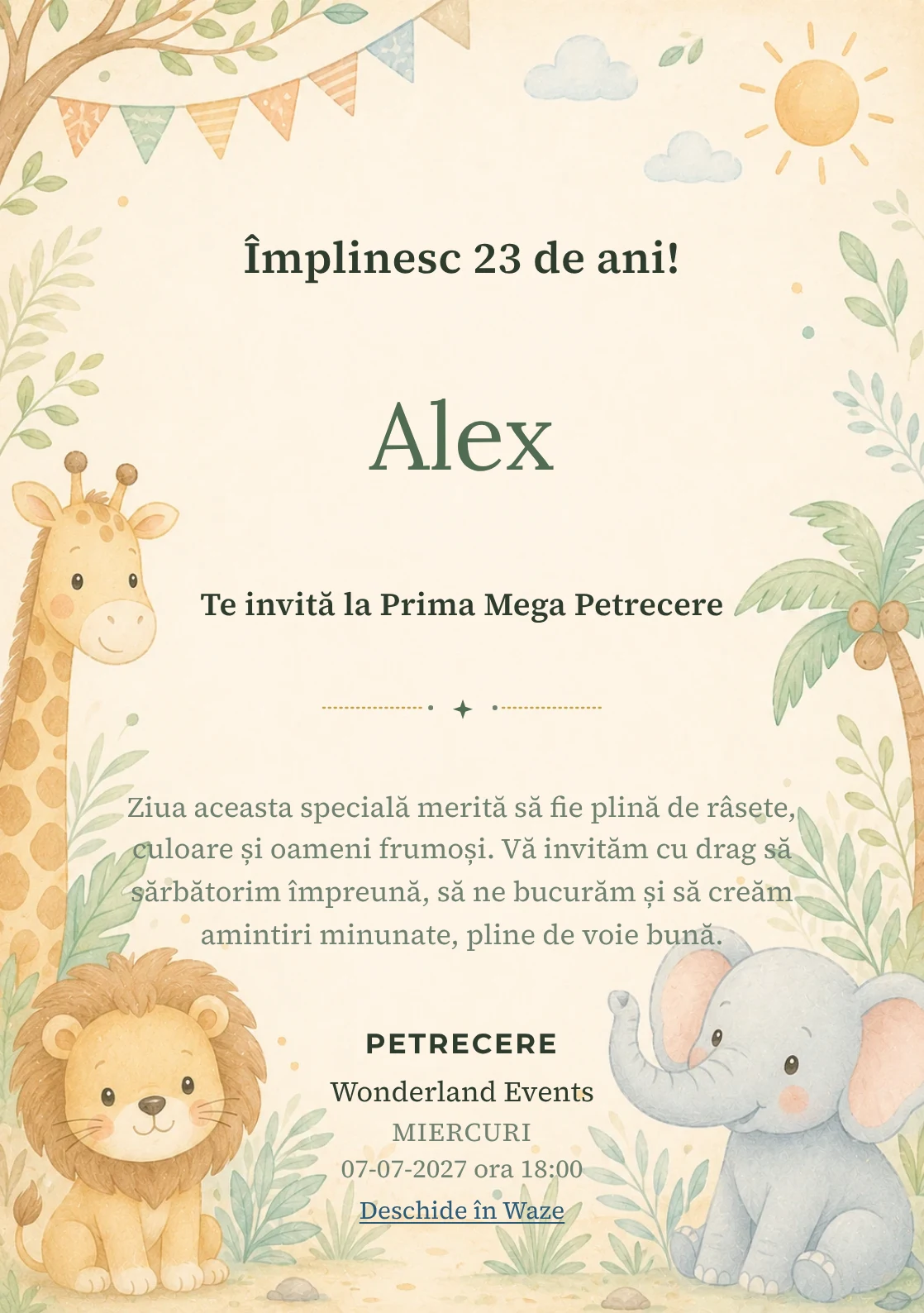 Invitație digitală de zi de naștere Safari Junior, fundal pastel cu girafă, leu, elefant și vegetație safari