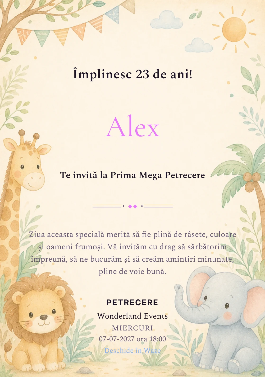 Invitație digitală de zi de naștere Safari Junior, fundal pastel cu girafă, leu, elefant și vegetație safari