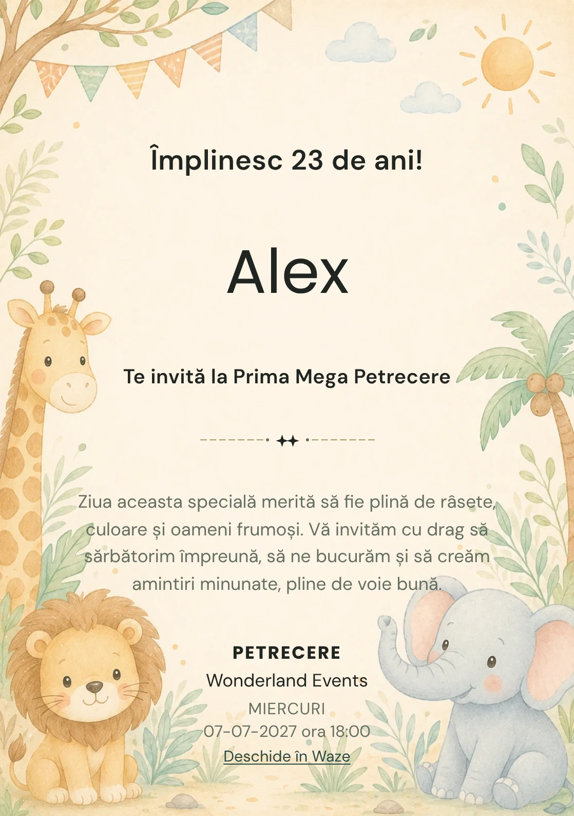 Invitație digitală de zi de naștere Safari Junior, fundal pastel cu girafă, leu, elefant și vegetație safari