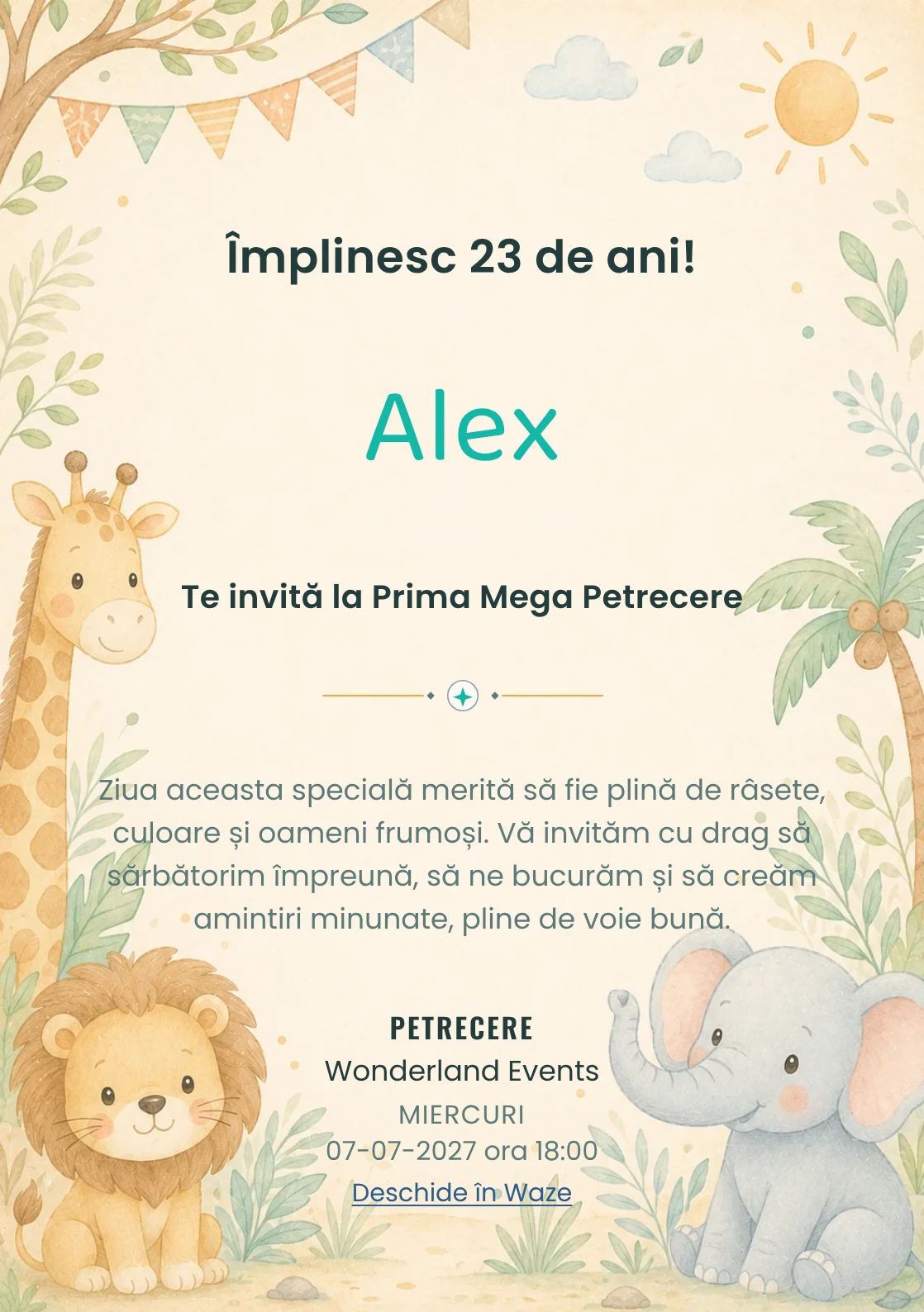 Invitație digitală de zi de naștere Safari Junior, fundal pastel cu girafă, leu, elefant și vegetație safari