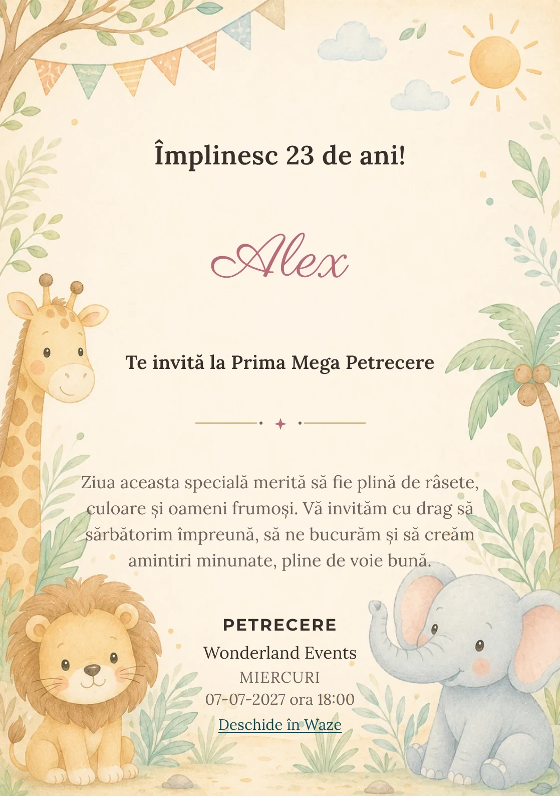 Invitație digitală de zi de naștere Safari Junior, fundal pastel cu girafă, leu, elefant și vegetație safari