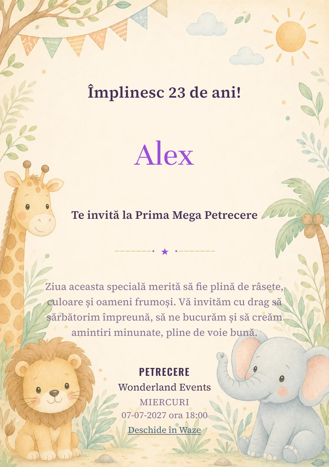 Invitație digitală de zi de naștere Safari Junior, fundal pastel cu girafă, leu, elefant și vegetație safari