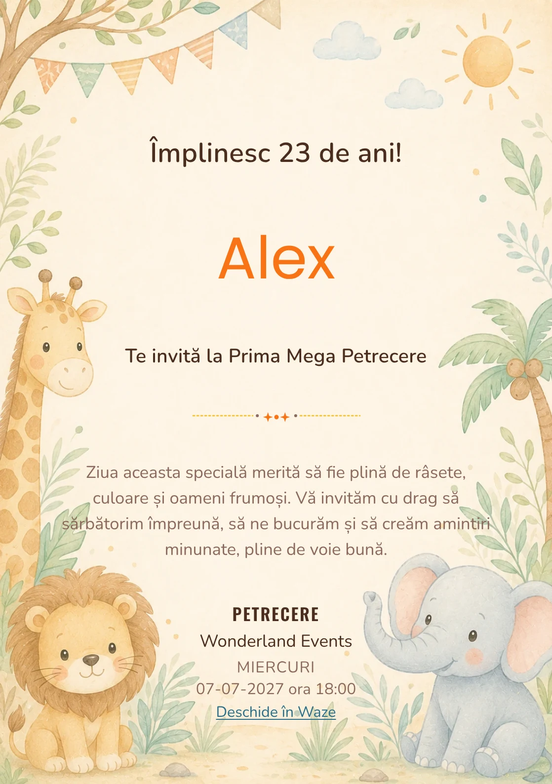 Invitație digitală de zi de naștere Safari Junior, fundal pastel cu girafă, leu, elefant și vegetație safari