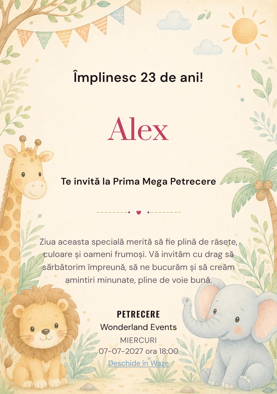 Invitație digitală de zi de naștere Safari Junior, fundal pastel cu girafă, leu, elefant și vegetație safari
