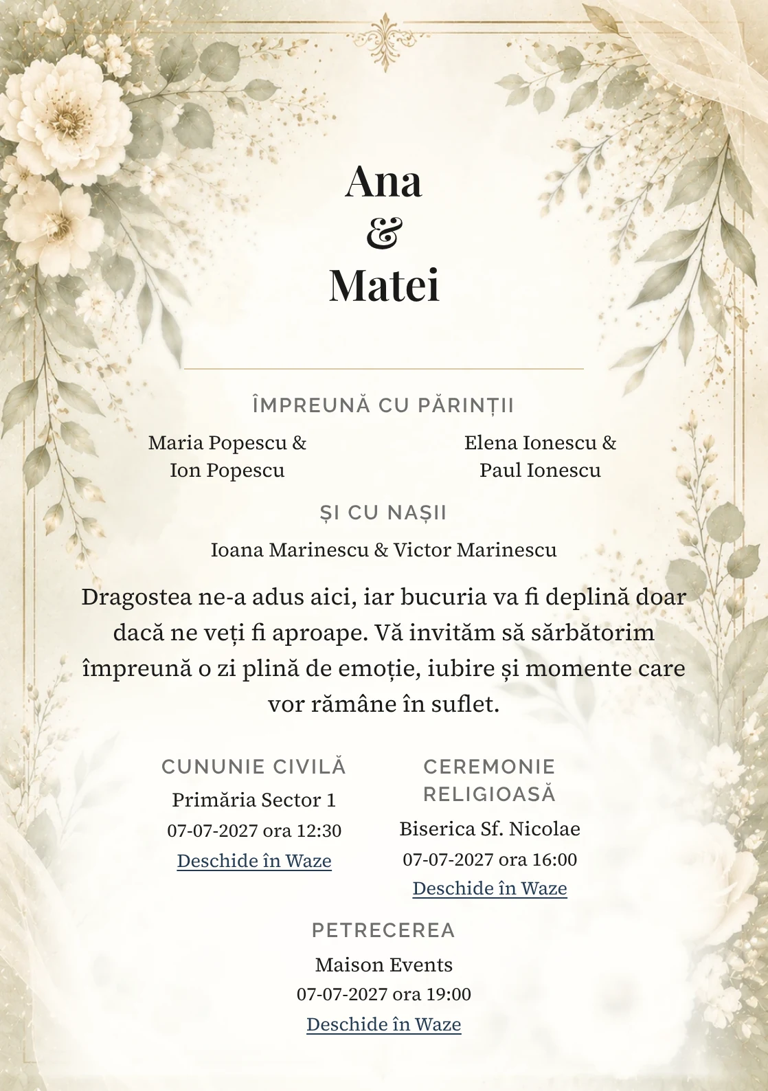 Invitație digitală de nuntă Salvie Crem, fundal salvie crem, potrivit pentru pachetele Basic și Premium