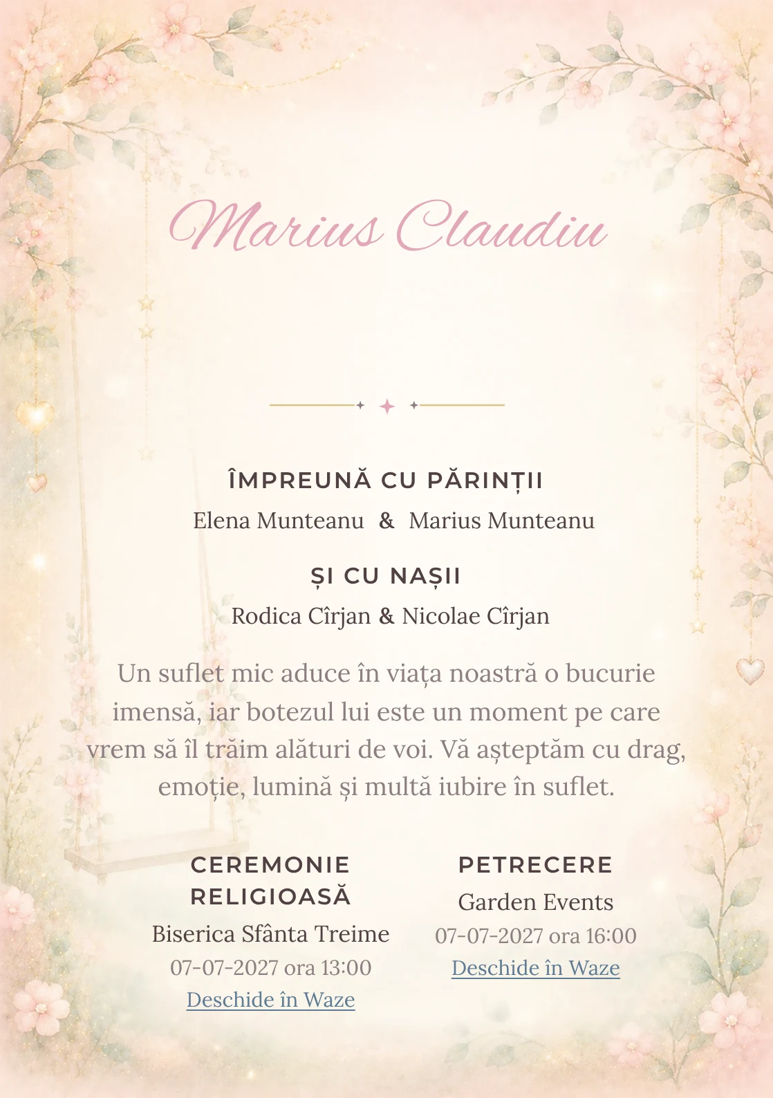 Invitație digitală de botez Sclipiri de Leagăn, fundal cu leagăn minimalist, sclipiri laterale, roz pal, auriu stins și verde mentă și centru luminos pentru text