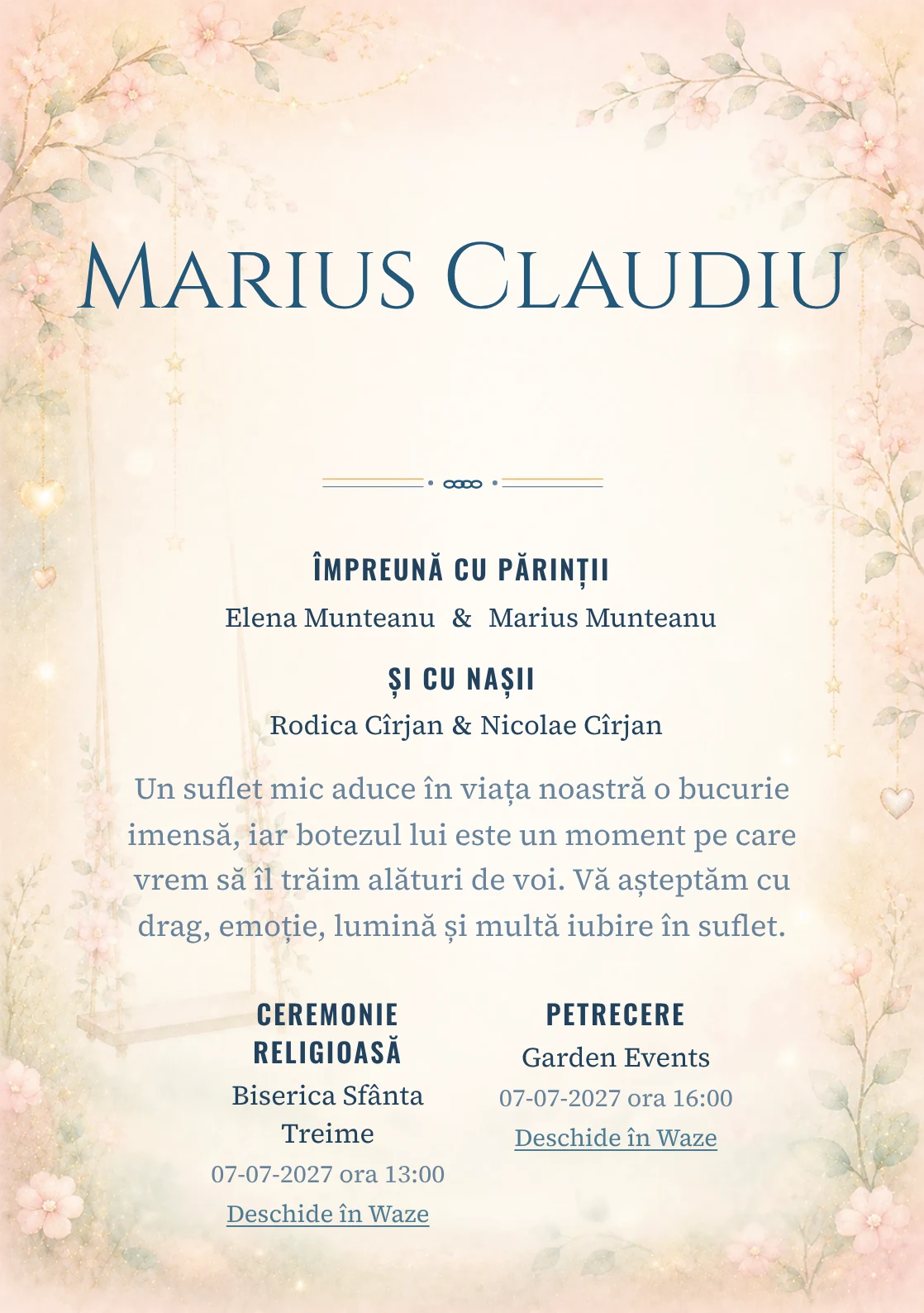 Invitație digitală de botez Sclipiri de Leagăn, fundal cu leagăn minimalist, sclipiri laterale, roz pal, auriu stins și verde mentă și centru luminos pentru text
