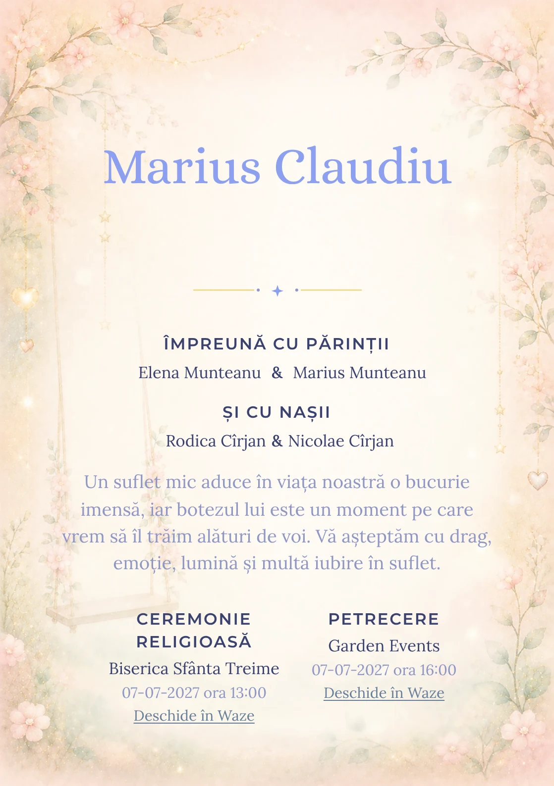 Invitație digitală de botez Sclipiri de Leagăn, fundal cu leagăn minimalist, sclipiri laterale, roz pal, auriu stins și verde mentă și centru luminos pentru text