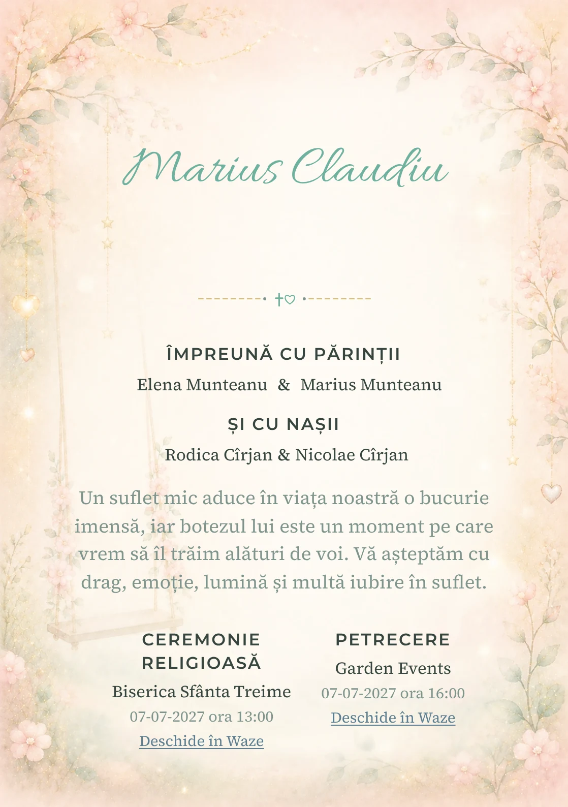 Invitație digitală de botez Sclipiri de Leagăn, fundal cu leagăn minimalist, sclipiri laterale, roz pal, auriu stins și verde mentă și centru luminos pentru text