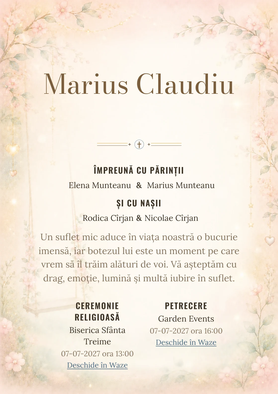 Invitație digitală de botez Sclipiri de Leagăn, fundal cu leagăn minimalist, sclipiri laterale, roz pal, auriu stins și verde mentă și centru luminos pentru text