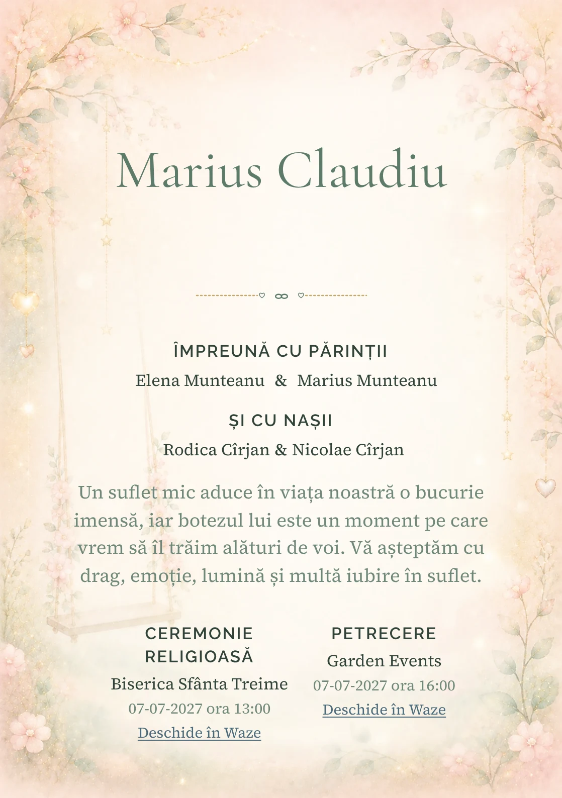 Invitație digitală de botez Sclipiri de Leagăn, fundal cu leagăn minimalist, sclipiri laterale, roz pal, auriu stins și verde mentă și centru luminos pentru text