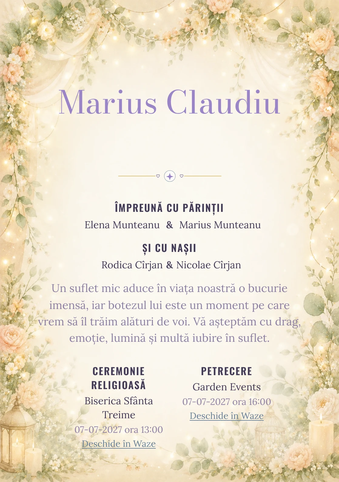 Invitație digitală de botez Serbare de Botez, fundal cu ghirlande florale fine, lumini calde, verde salvie, piersică pal și auriu mat și centru luminos pentru text