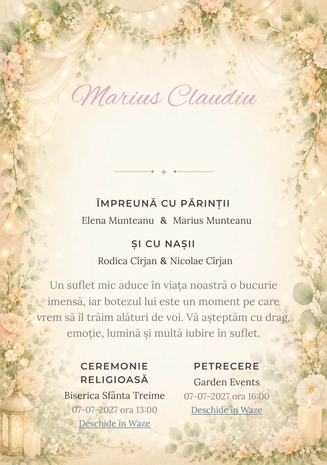 Invitație digitală de botez Serbare de Botez, fundal cu ghirlande florale fine, lumini calde, verde salvie, piersică pal și auriu mat și centru luminos pentru text
