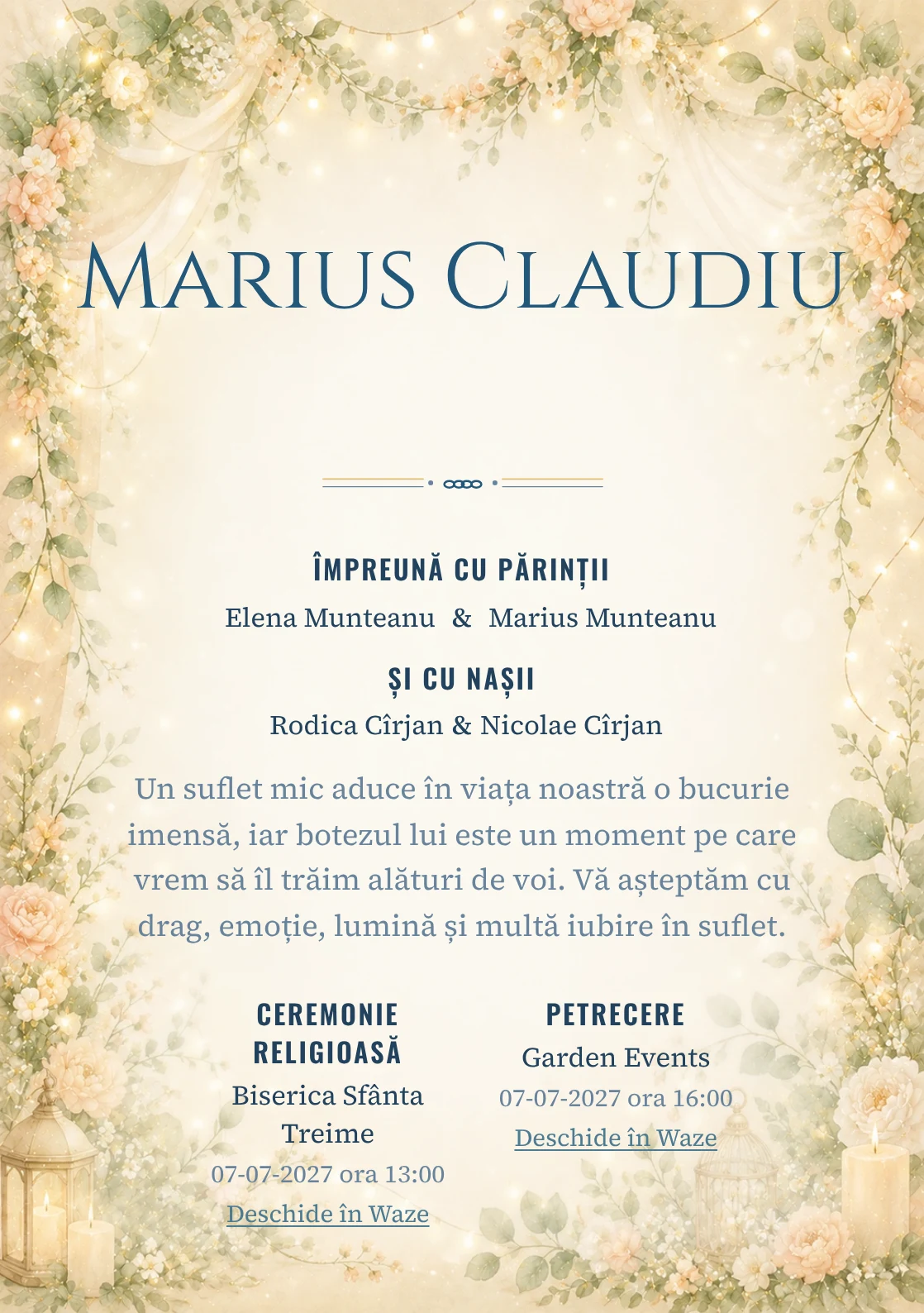 Invitație digitală de botez Serbare de Botez, fundal cu ghirlande florale fine, lumini calde, verde salvie, piersică pal și auriu mat și centru luminos pentru text