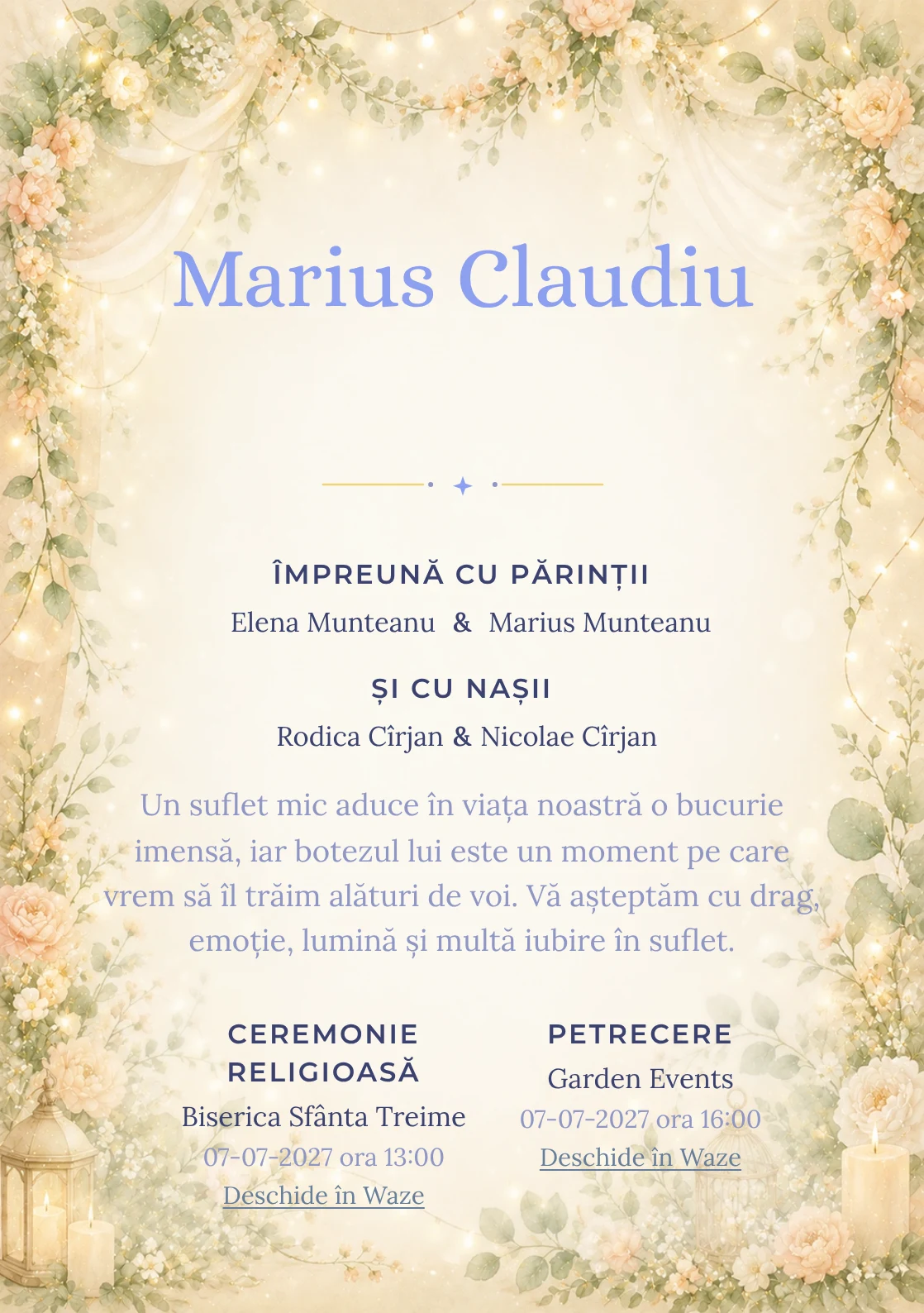 Invitație digitală de botez Serbare de Botez, fundal cu ghirlande florale fine, lumini calde, verde salvie, piersică pal și auriu mat și centru luminos pentru text