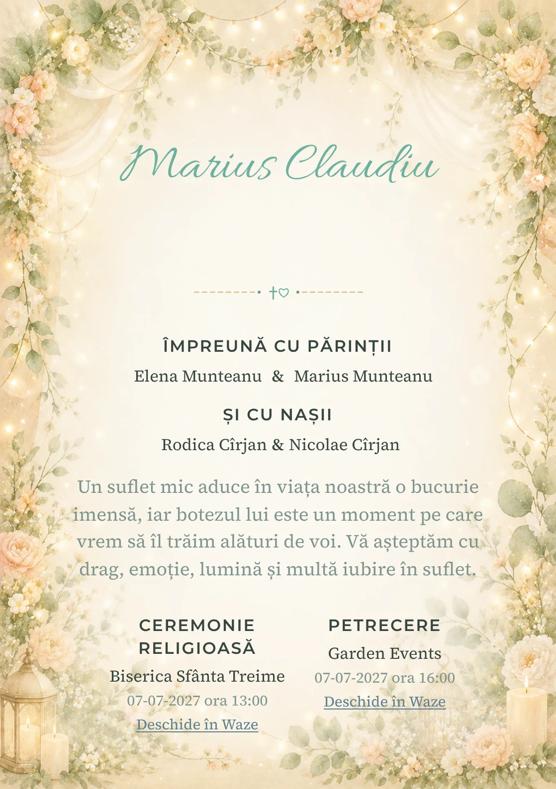 Invitație digitală de botez Serbare de Botez, fundal cu ghirlande florale fine, lumini calde, verde salvie, piersică pal și auriu mat și centru luminos pentru text