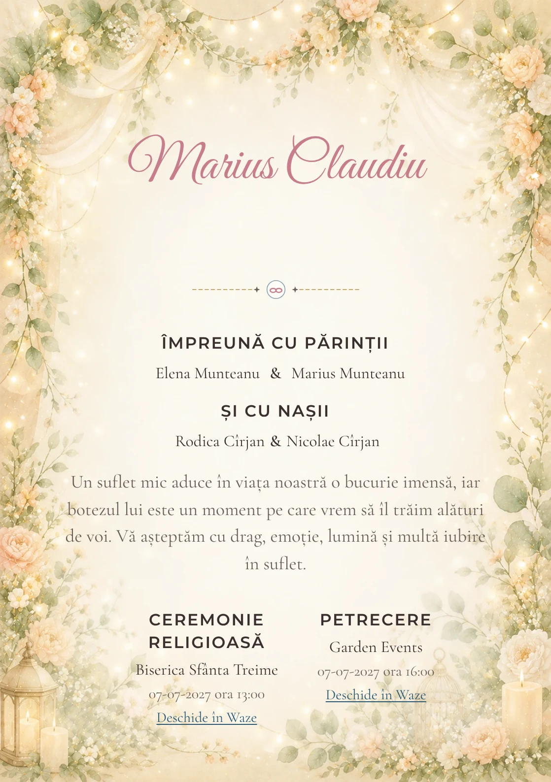 Invitație digitală de botez Serbare de Botez, fundal cu ghirlande florale fine, lumini calde, verde salvie, piersică pal și auriu mat și centru luminos pentru text