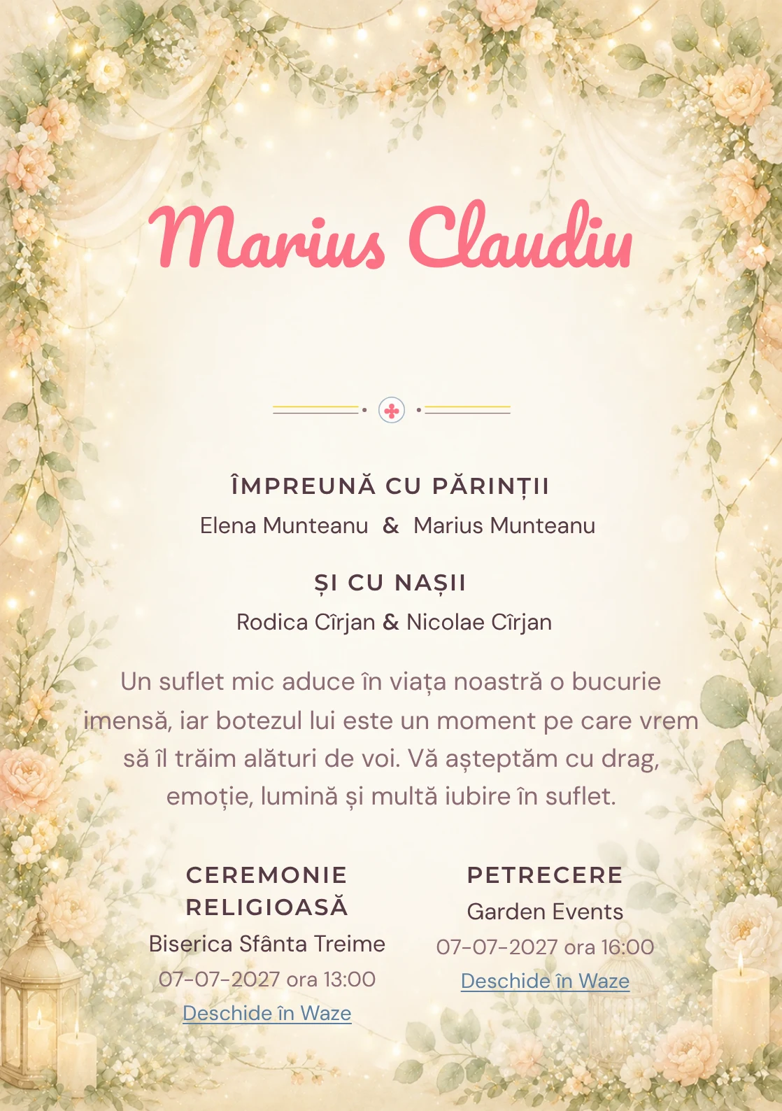 Invitație digitală de botez Serbare de Botez, fundal cu ghirlande florale fine, lumini calde, verde salvie, piersică pal și auriu mat și centru luminos pentru text