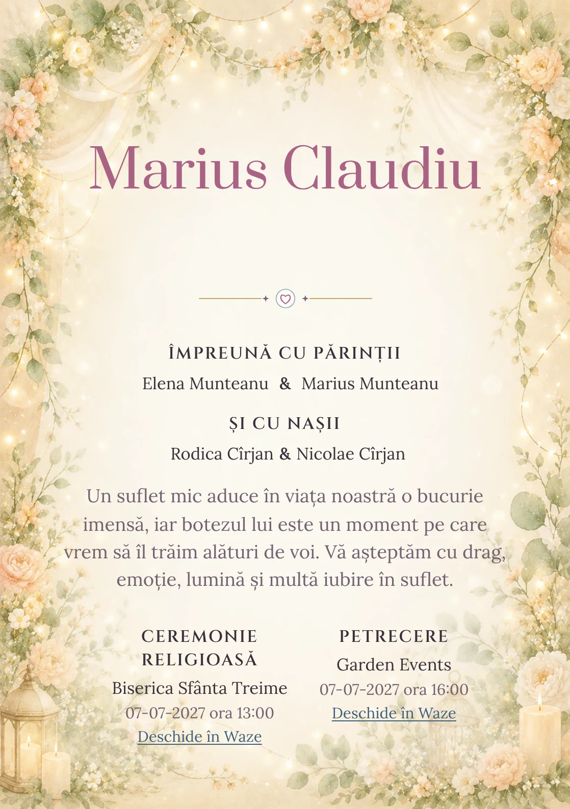Invitație digitală de botez Serbare de Botez, fundal cu ghirlande florale fine, lumini calde, verde salvie, piersică pal și auriu mat și centru luminos pentru text