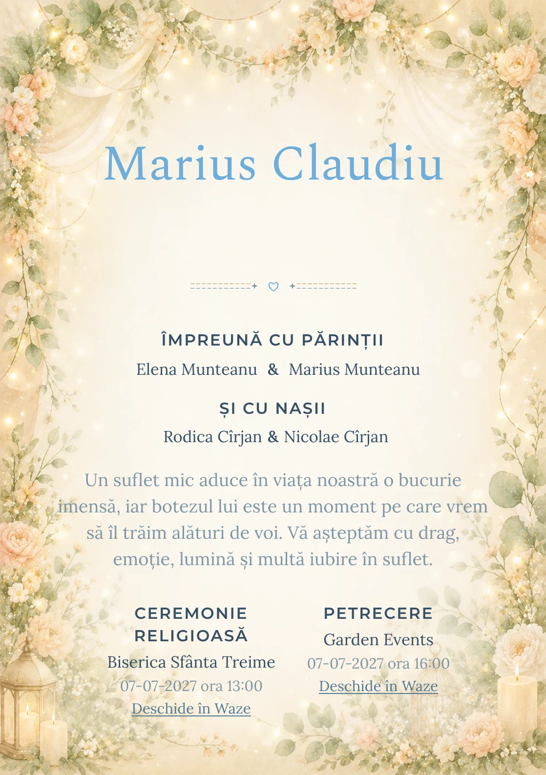 Invitație digitală de botez Serbare de Botez, fundal cu ghirlande florale fine, lumini calde, verde salvie, piersică pal și auriu mat și centru luminos pentru text