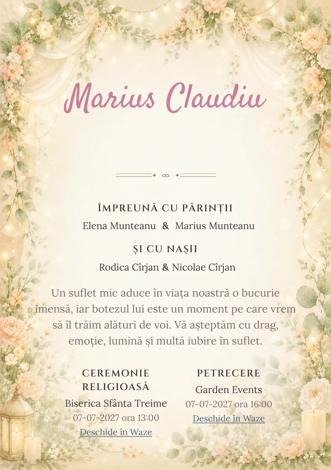 Invitație digitală de botez Serbare de Botez, fundal cu ghirlande florale fine, lumini calde, verde salvie, piersică pal și auriu mat și centru luminos pentru text