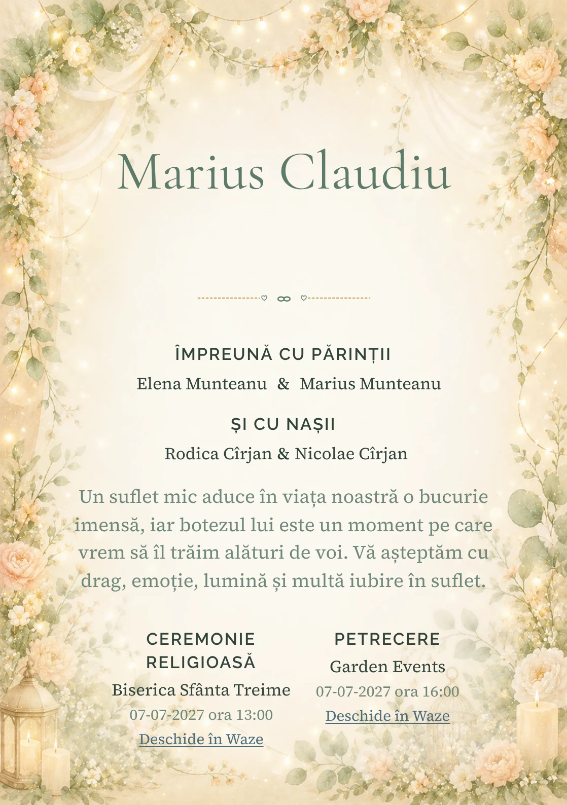 Invitație digitală de botez Serbare de Botez, fundal cu ghirlande florale fine, lumini calde, verde salvie, piersică pal și auriu mat și centru luminos pentru text