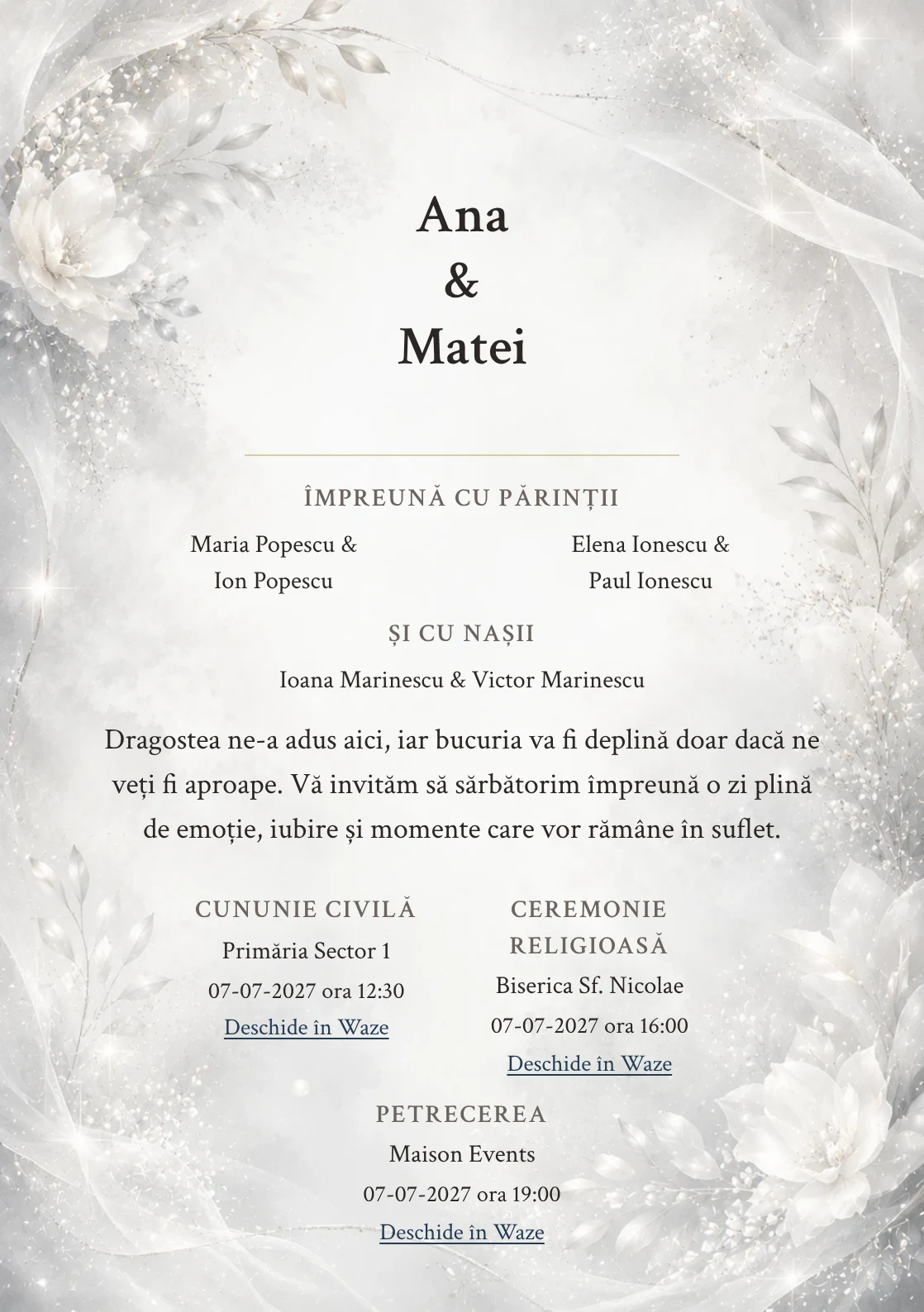 Invitație digitală de nuntă Silver Mist, fundal silver mist, potrivit pentru pachetele Basic și Premium