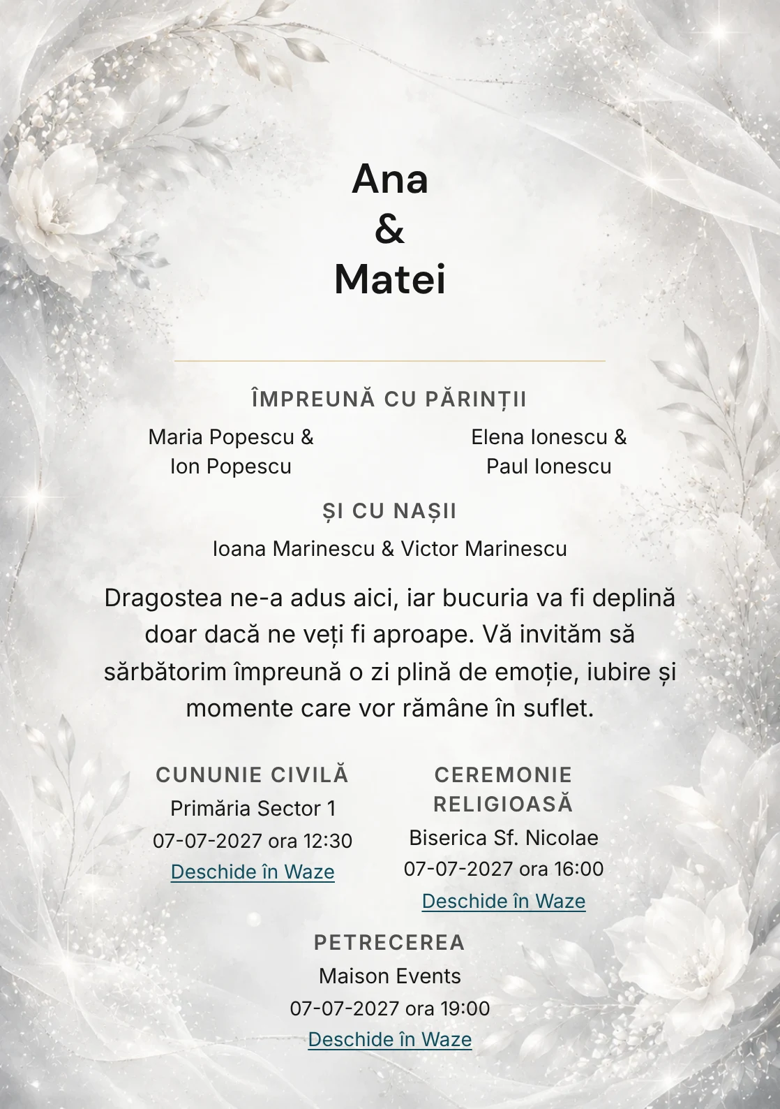Invitație digitală de nuntă Silver Mist, fundal silver mist, potrivit pentru pachetele Basic și Premium