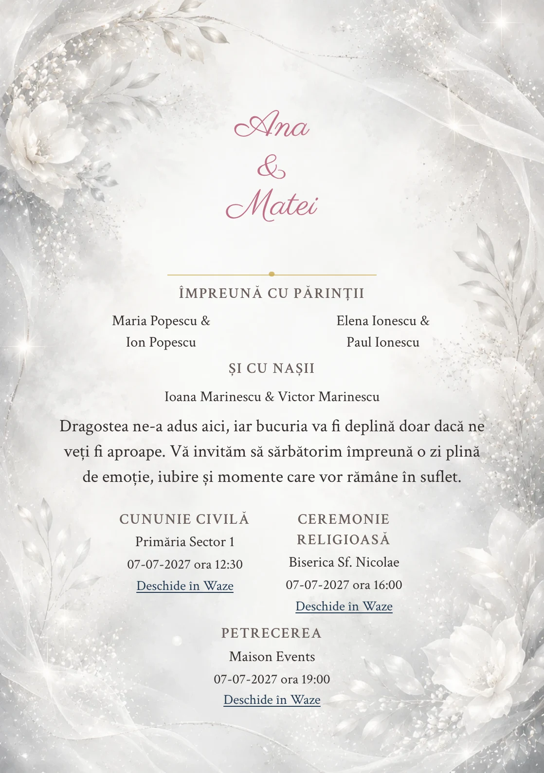 Invitație digitală de nuntă Silver Mist, fundal silver mist, potrivit pentru pachetele Basic și Premium