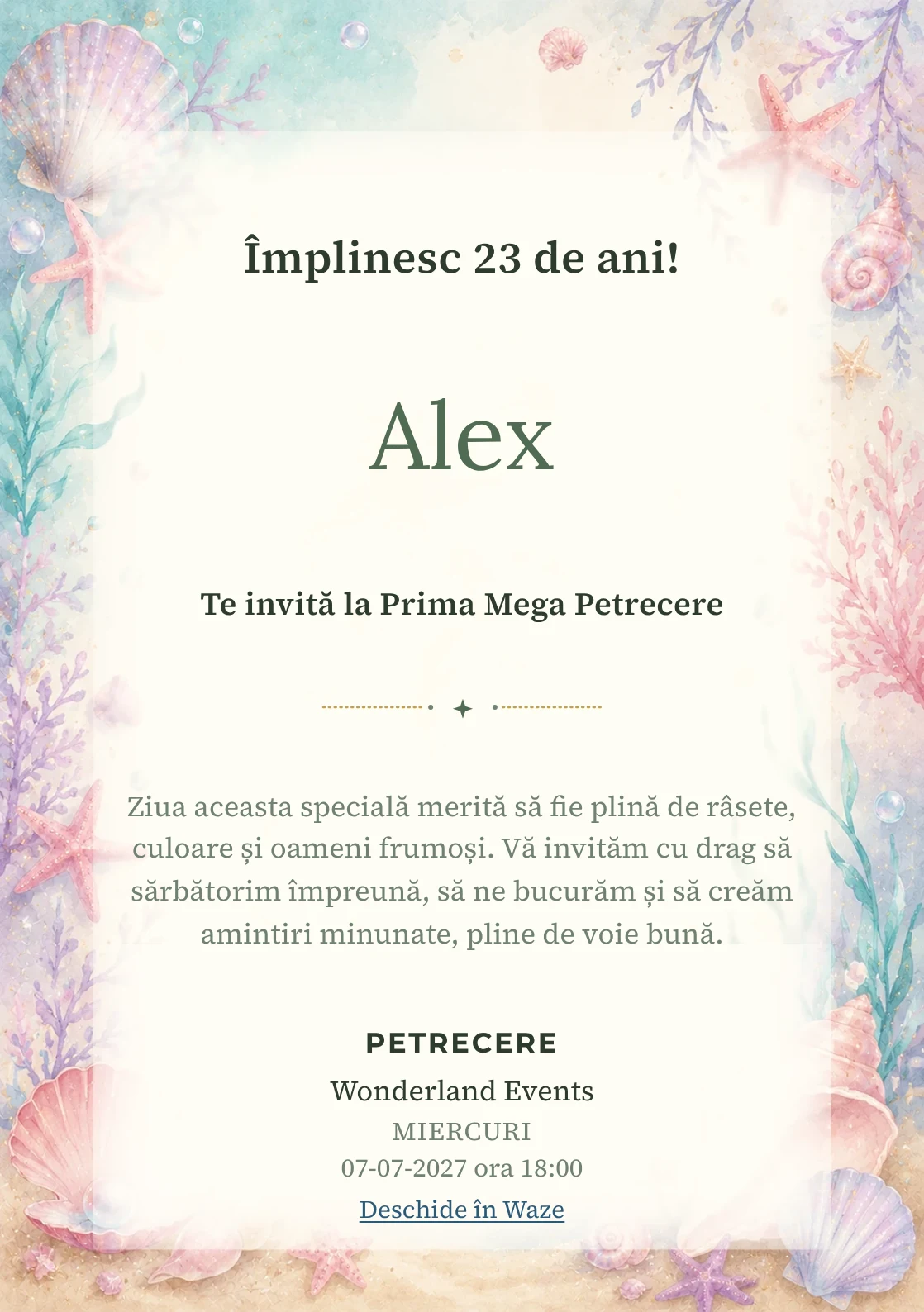 Invitație digitală de zi de naștere Sirene Jucăușe, fundal pastel cu sirenă transparentă, scoici și stele de mare