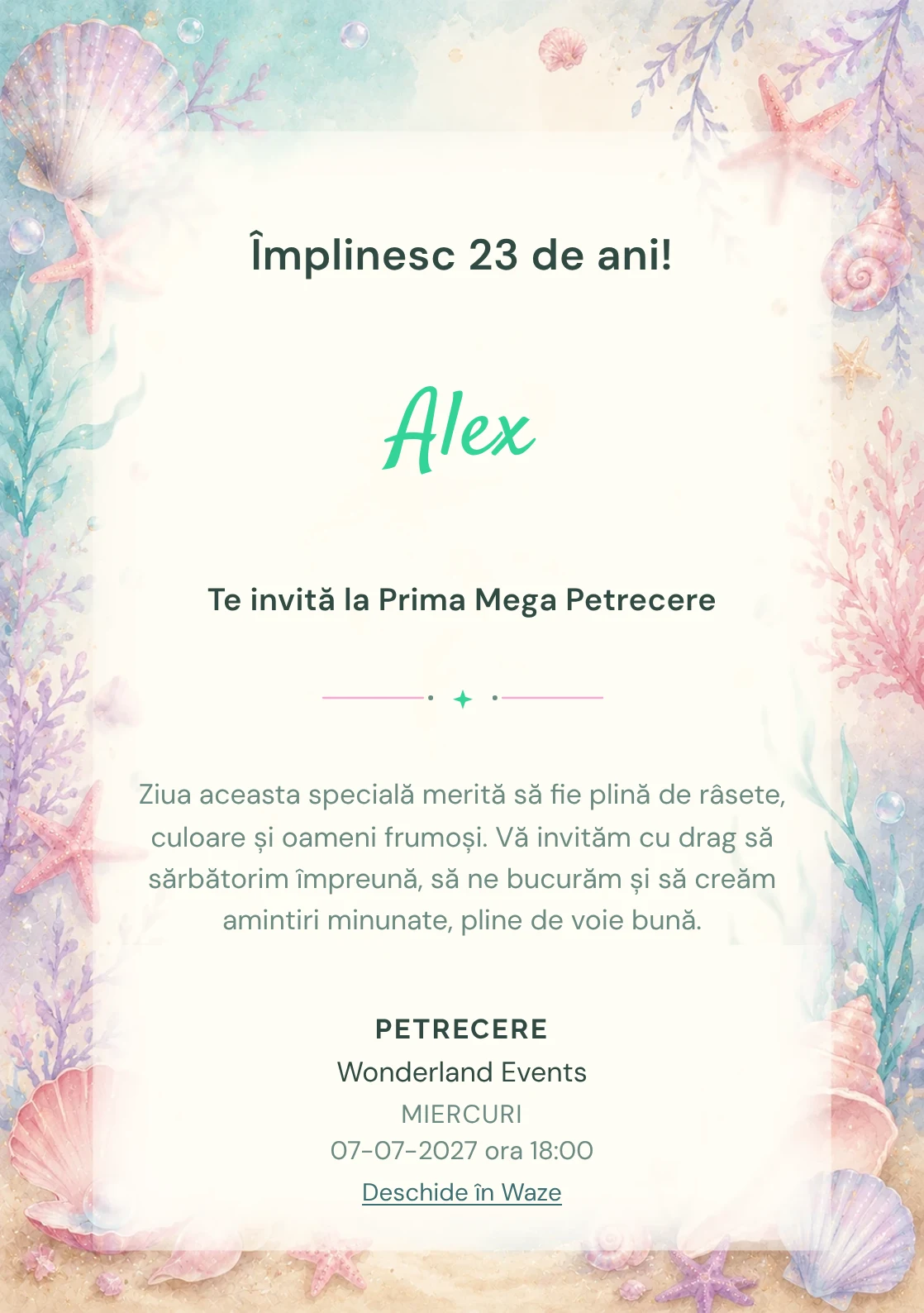 Invitație digitală de zi de naștere Sirene Jucăușe, fundal pastel cu sirenă transparentă, scoici și stele de mare