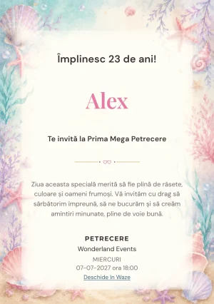 Invitație digitală de zi de naștere Sirene Jucăușe, fundal pastel cu sirenă transparentă, scoici și stele de mare