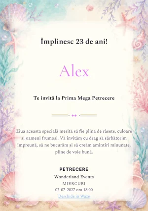 Invitație digitală de zi de naștere Sirene Jucăușe, fundal pastel cu sirenă transparentă, scoici și stele de mare