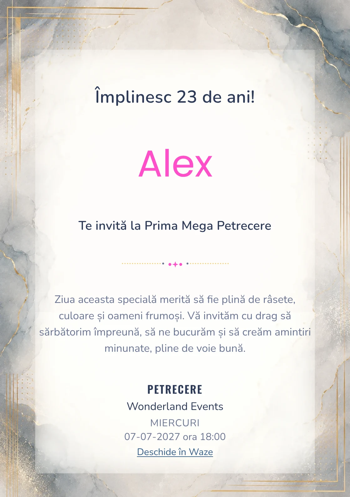 Invitație digitală aniversară Soft Luxury, fundal premium cu marmură pală, accente metalice și aur mat
