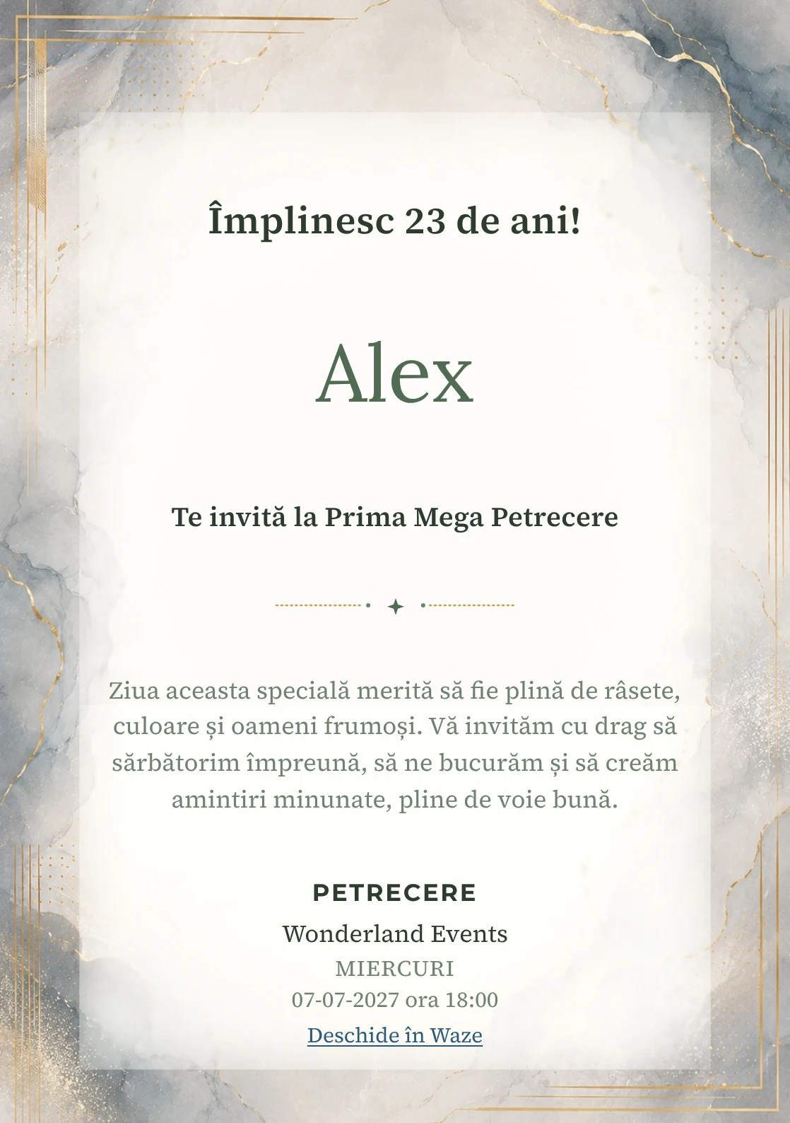 Invitație digitală aniversară Soft Luxury, fundal premium cu marmură pală, accente metalice și aur mat