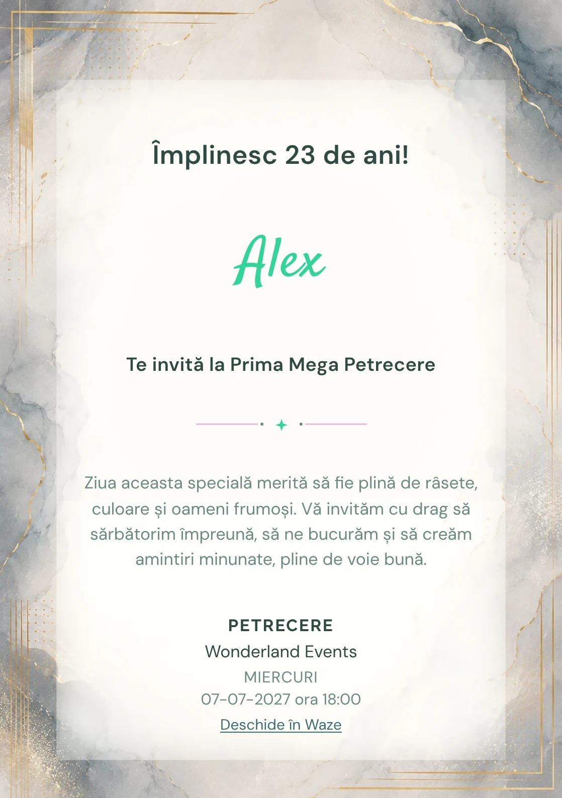 Invitație digitală aniversară Soft Luxury, fundal premium cu marmură pală, accente metalice și aur mat