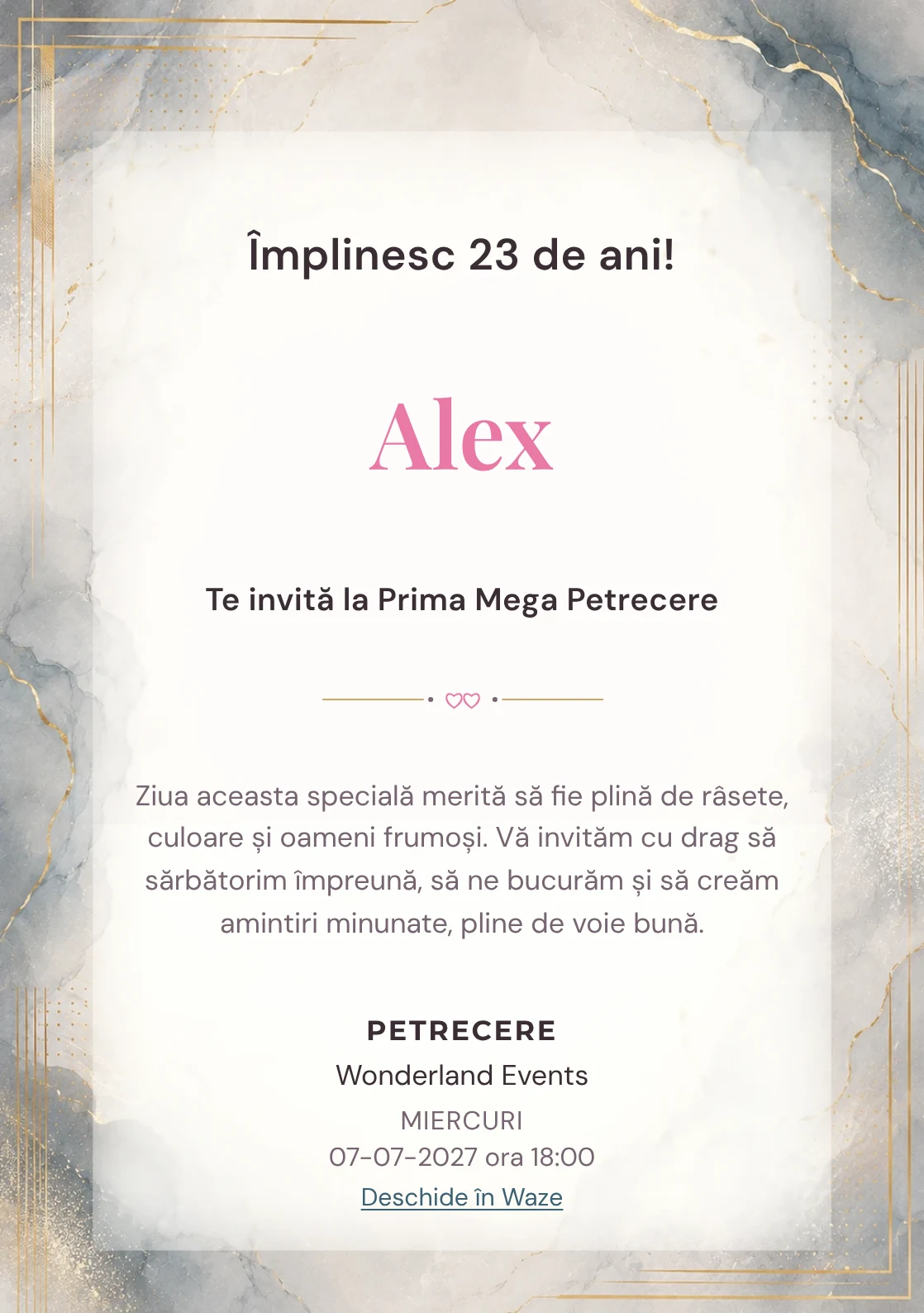 Invitație digitală aniversară Soft Luxury, fundal premium cu marmură pală, accente metalice și aur mat