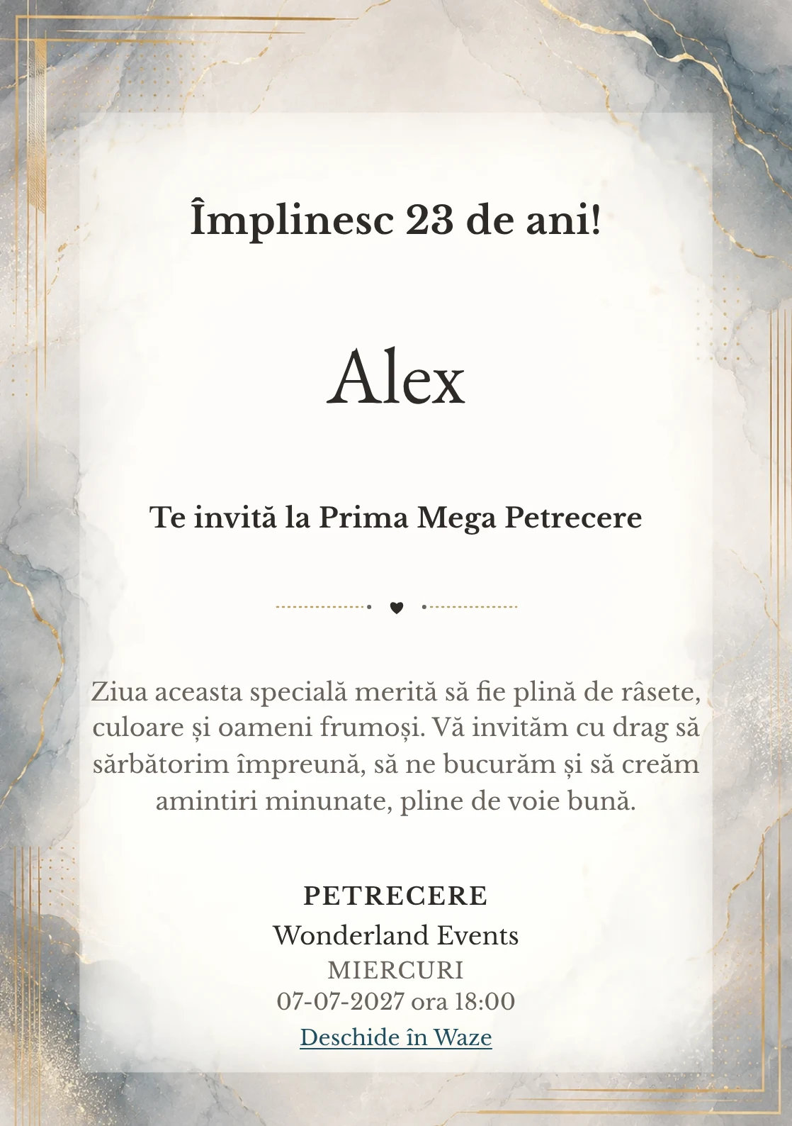 Invitație digitală aniversară Soft Luxury, fundal premium cu marmură pală, accente metalice și aur mat