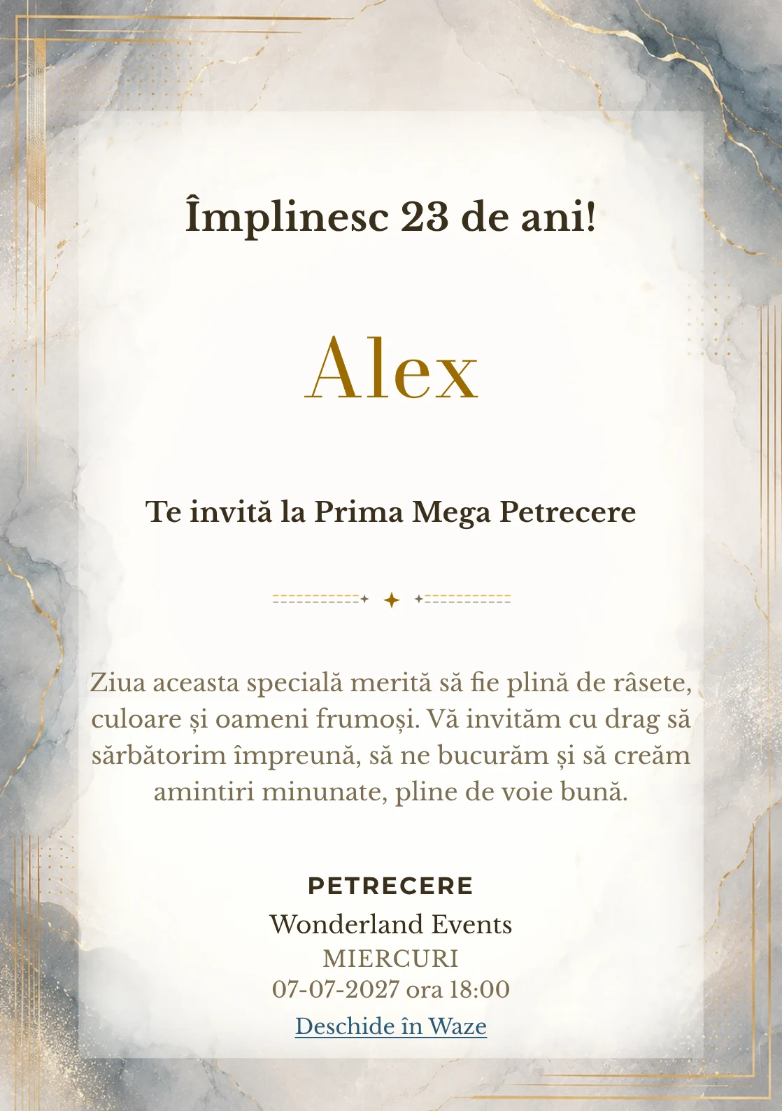 Invitație digitală aniversară Soft Luxury, fundal premium cu marmură pală, accente metalice și aur mat