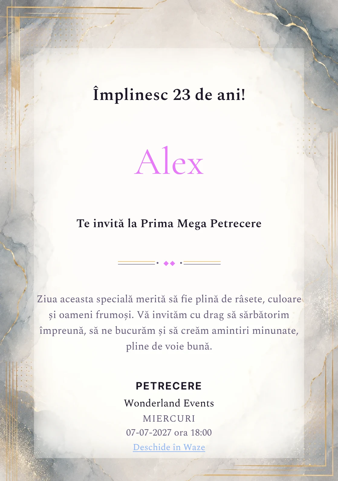 Invitație digitală aniversară Soft Luxury, fundal premium cu marmură pală, accente metalice și aur mat