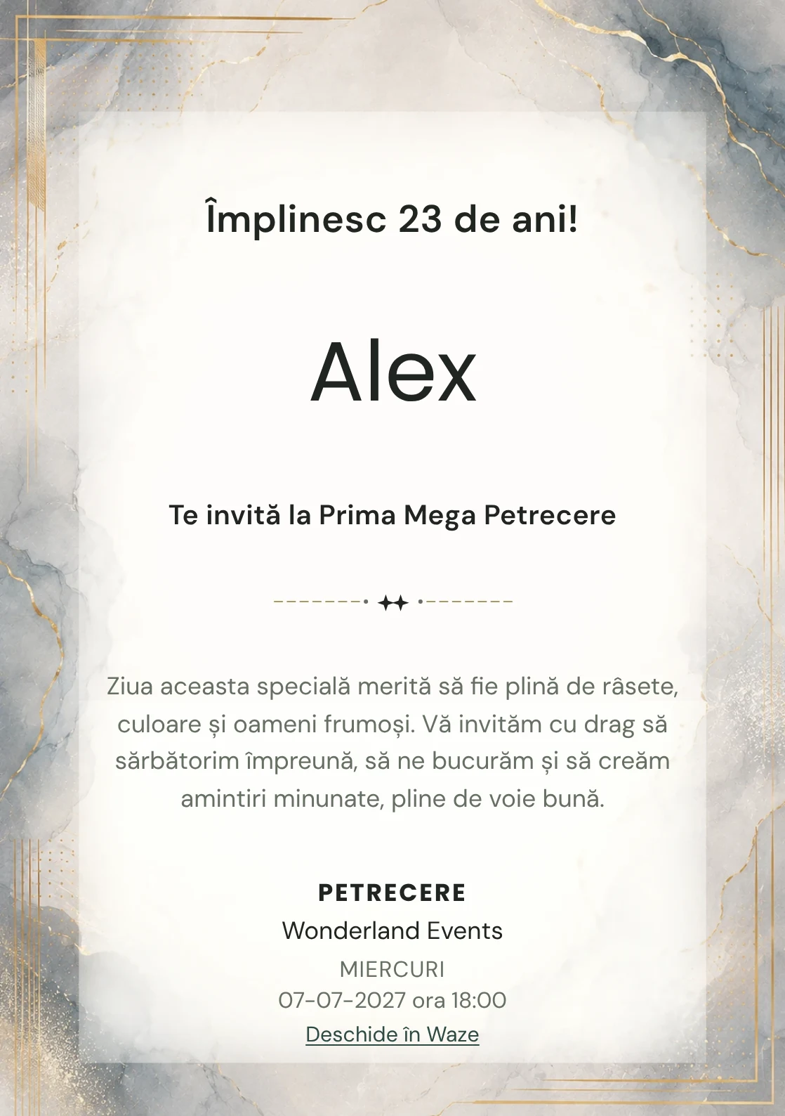 Invitație digitală aniversară Soft Luxury, fundal premium cu marmură pală, accente metalice și aur mat