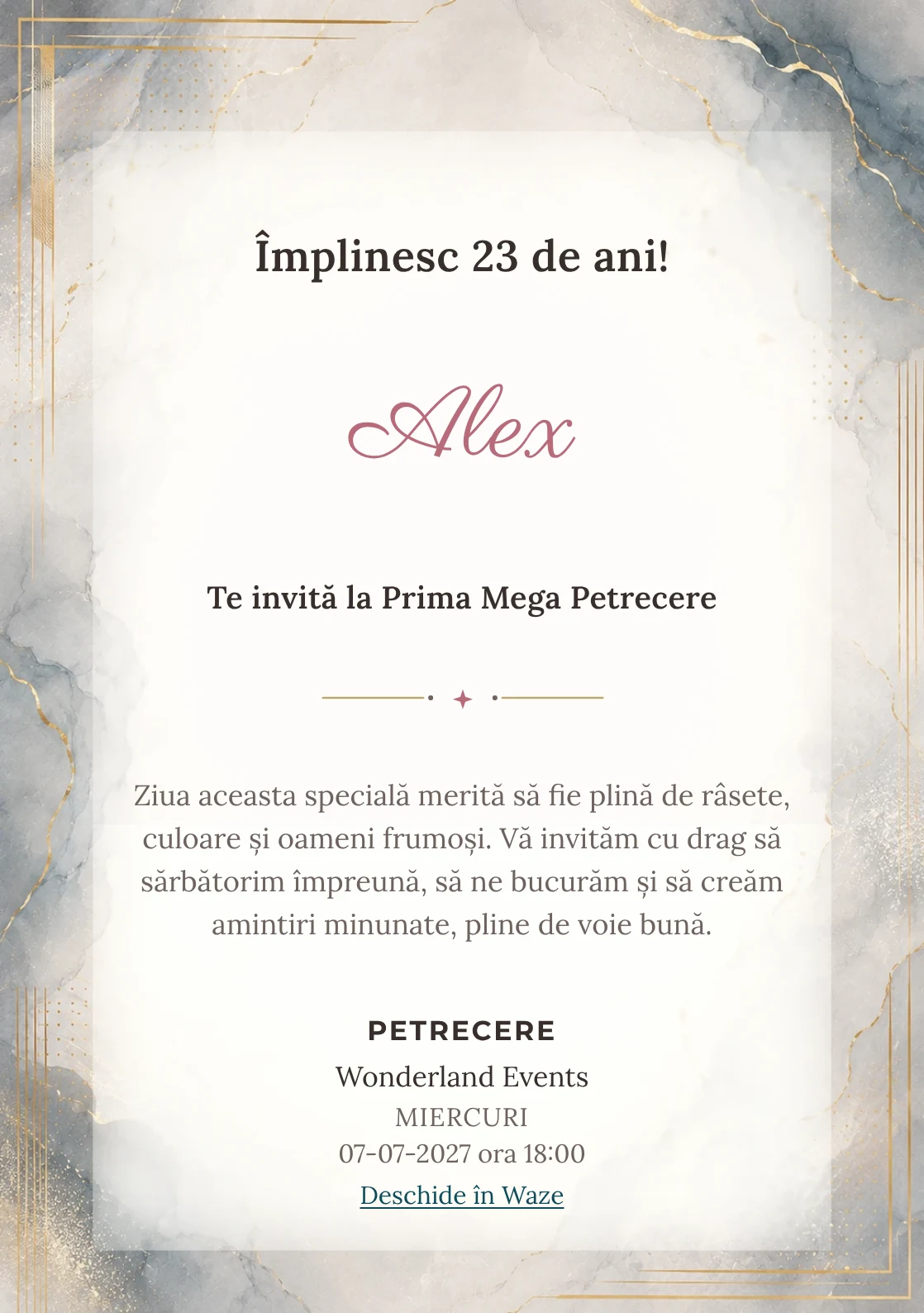 Invitație digitală aniversară Soft Luxury, fundal premium cu marmură pală, accente metalice și aur mat