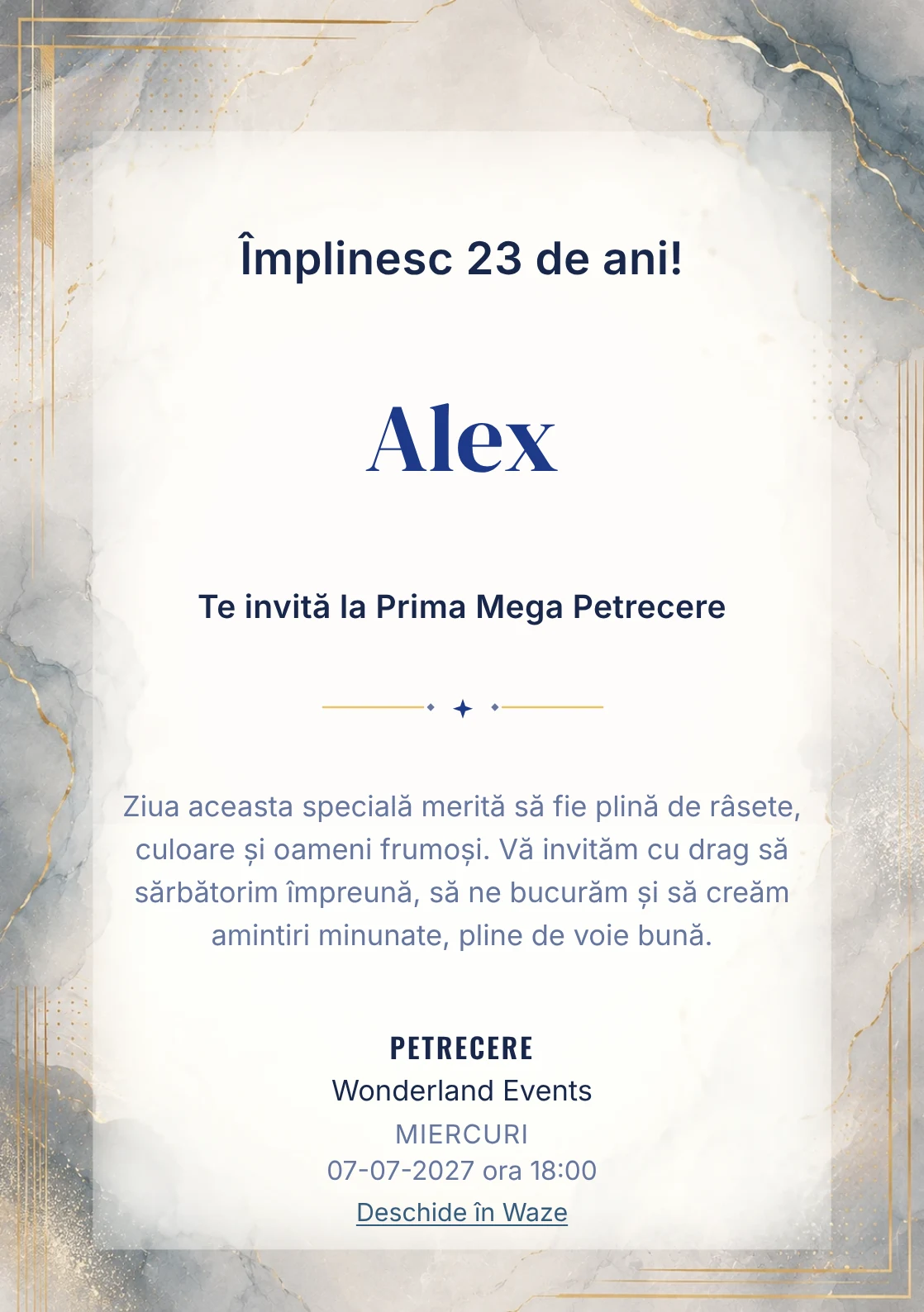 Invitație digitală aniversară Soft Luxury, fundal premium cu marmură pală, accente metalice și aur mat
