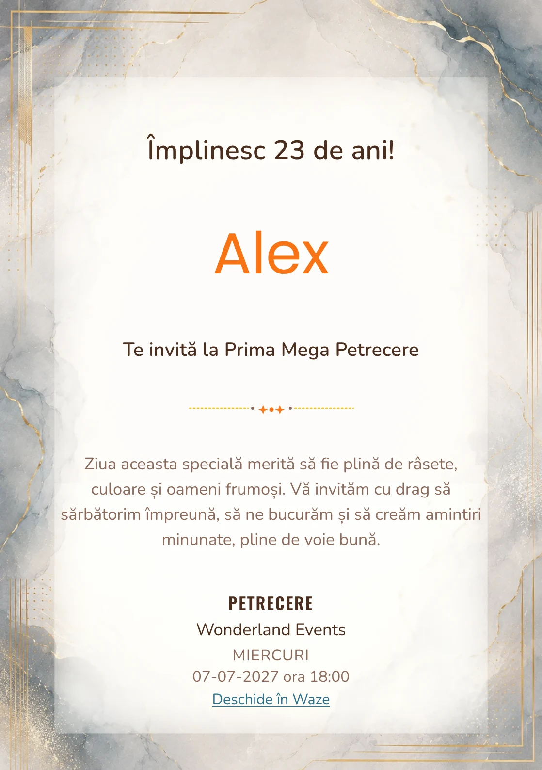 Invitație digitală aniversară Soft Luxury, fundal premium cu marmură pală, accente metalice și aur mat