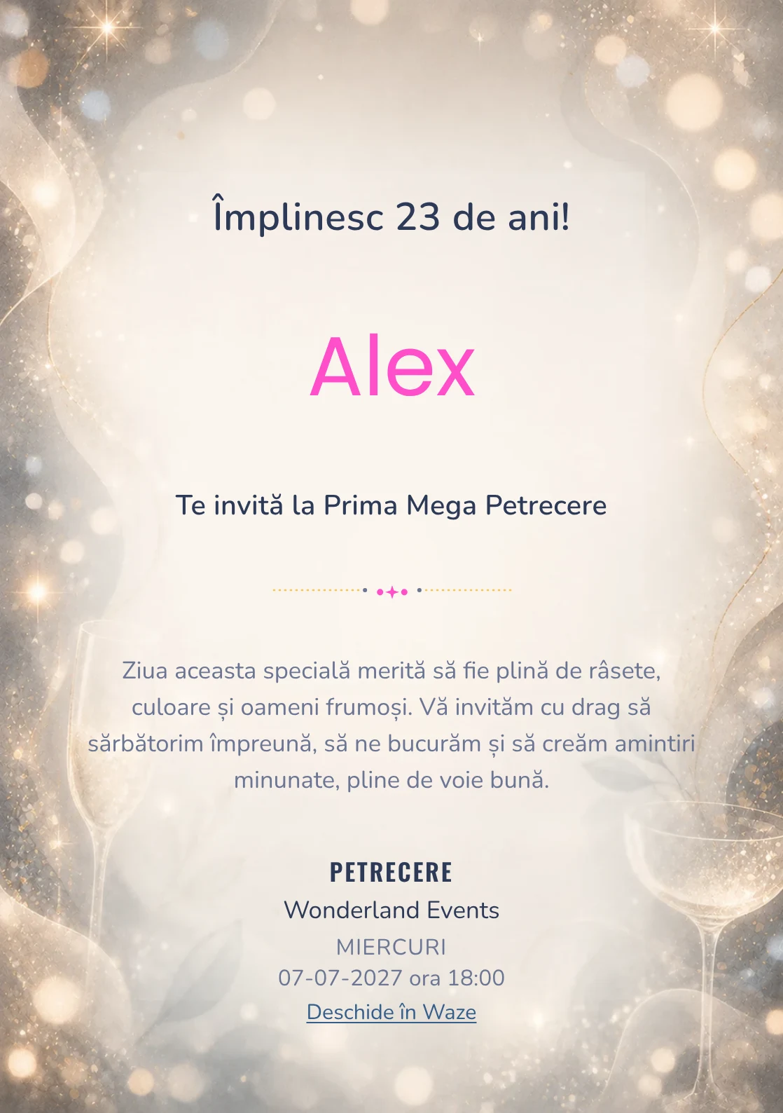Invitație digitală aniversară Sparkling Mood, fundal premium cu sclipiri fine, bokeh și pahare abstracte